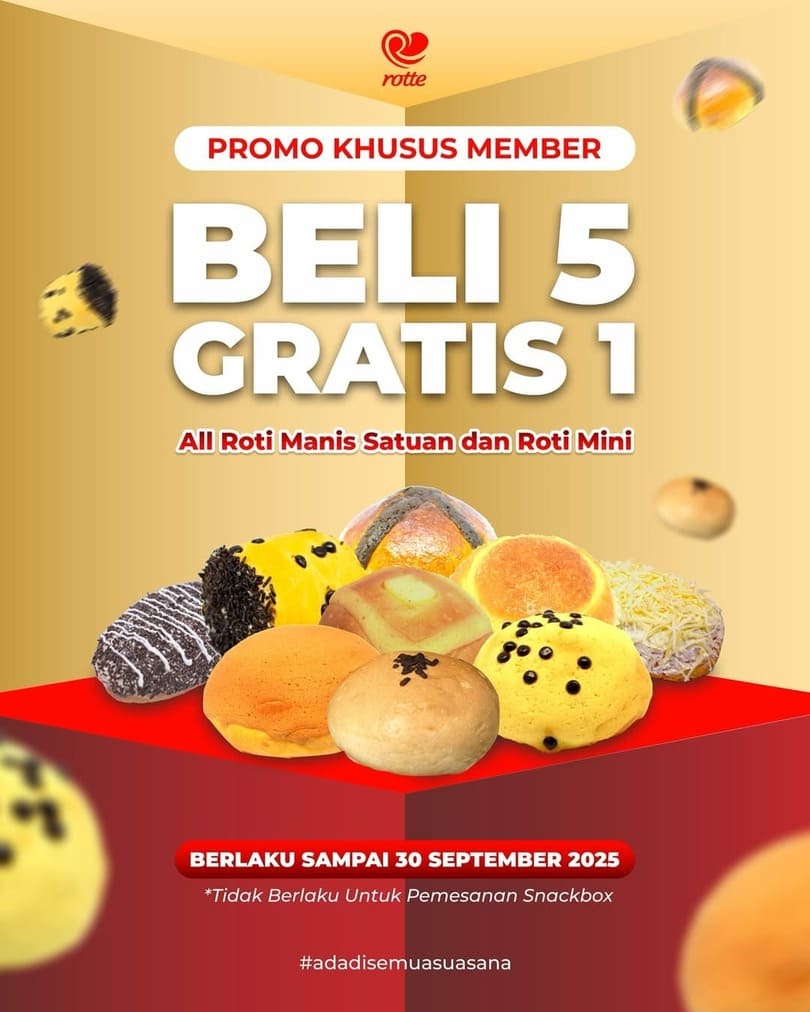 Promo September 2025: Beli 5 Roti Manis atau Mini, Gratis 1 Roti untuk Member