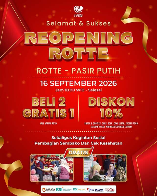 Rotte Bakery Pasir Putih hadir dengan tampilan yang diperbarui dan pilihan produk lebih beragam untuk memudahkan pelanggan berbelanja.